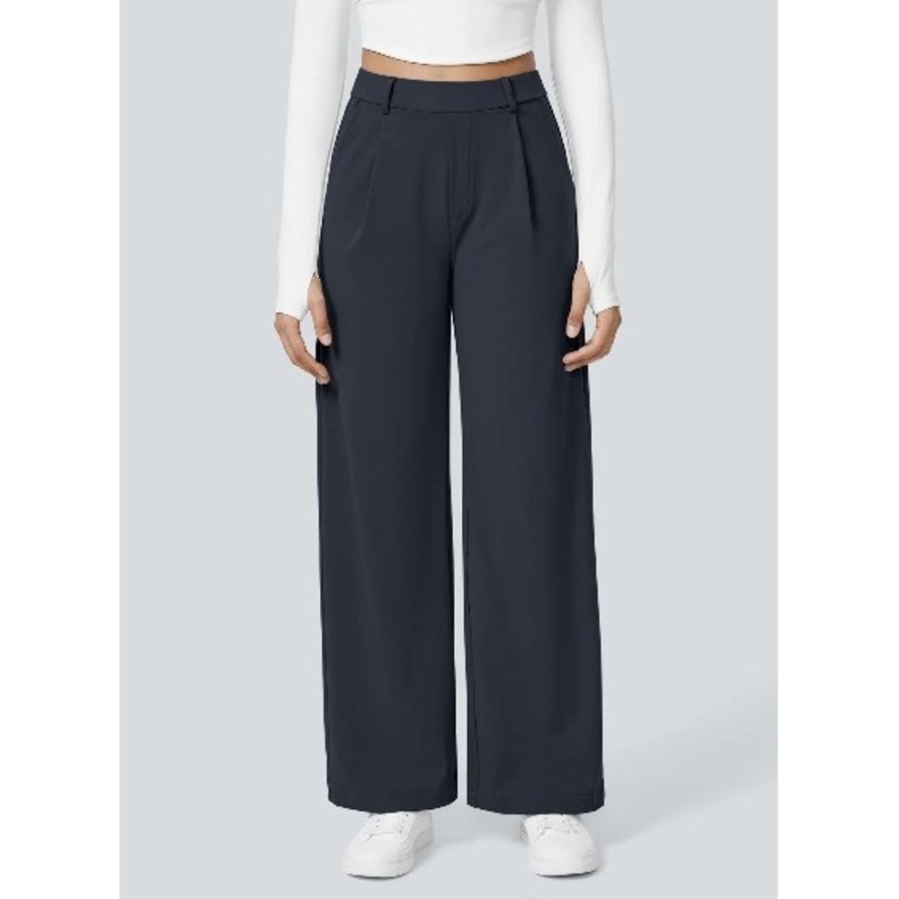 Halara Womens Wide Leg Pleated Trousers Navy Blue High Waist Pants Size M Reg